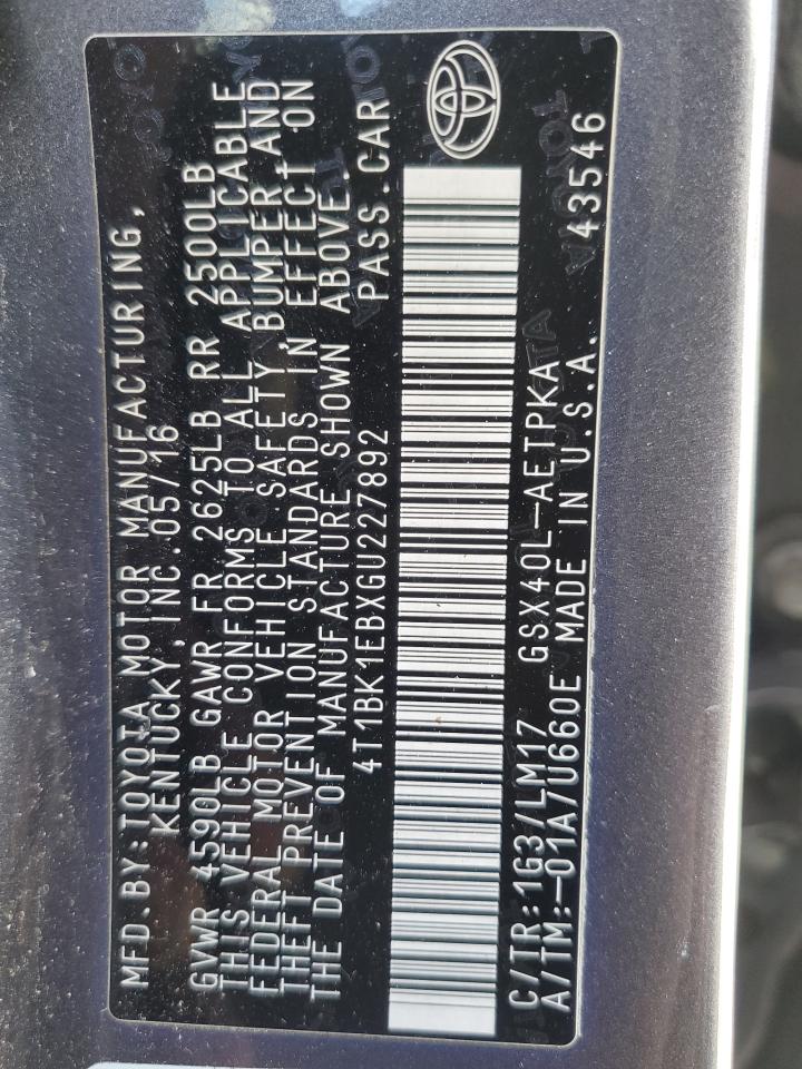 4T1BK1EBXGU227892 2016 Toyota Avalon Xle