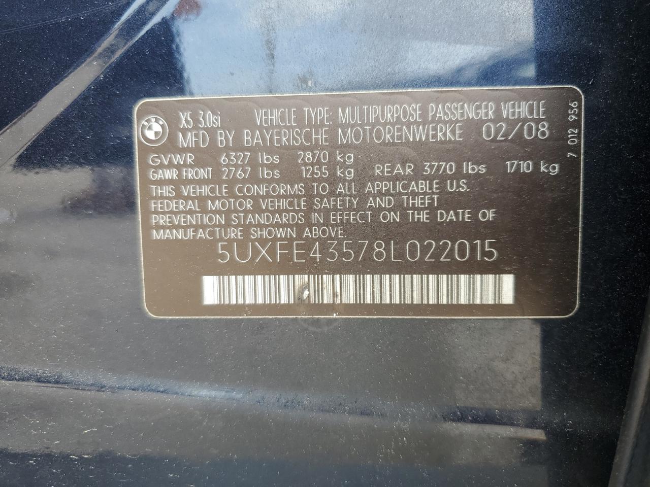 5UXFE43578L022015 2008 BMW X5 3.0I