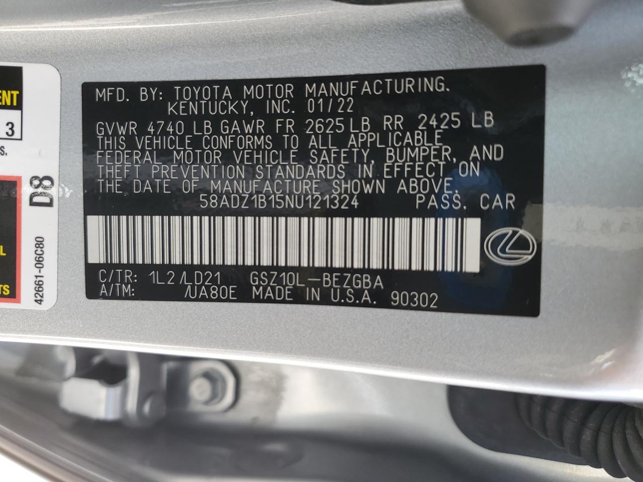 58ADZ1B15NU121324 2022 Lexus Es 350 Base