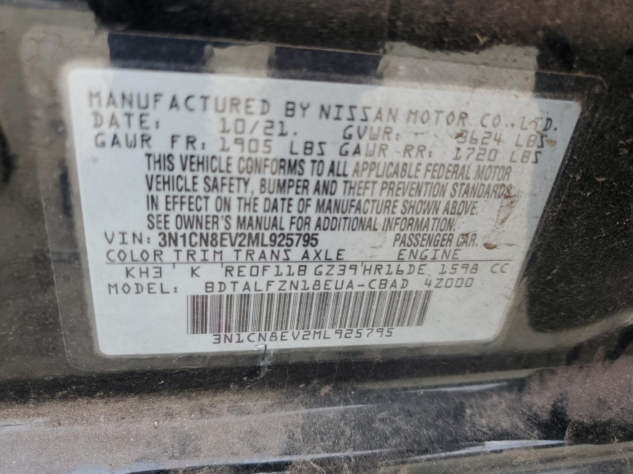 3N1CN8EV2ML925795 2021 Nissan Versa Sv