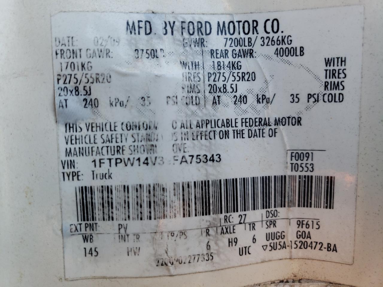 1FTPW14V39FA75343 2009 Ford F150 Supercrew