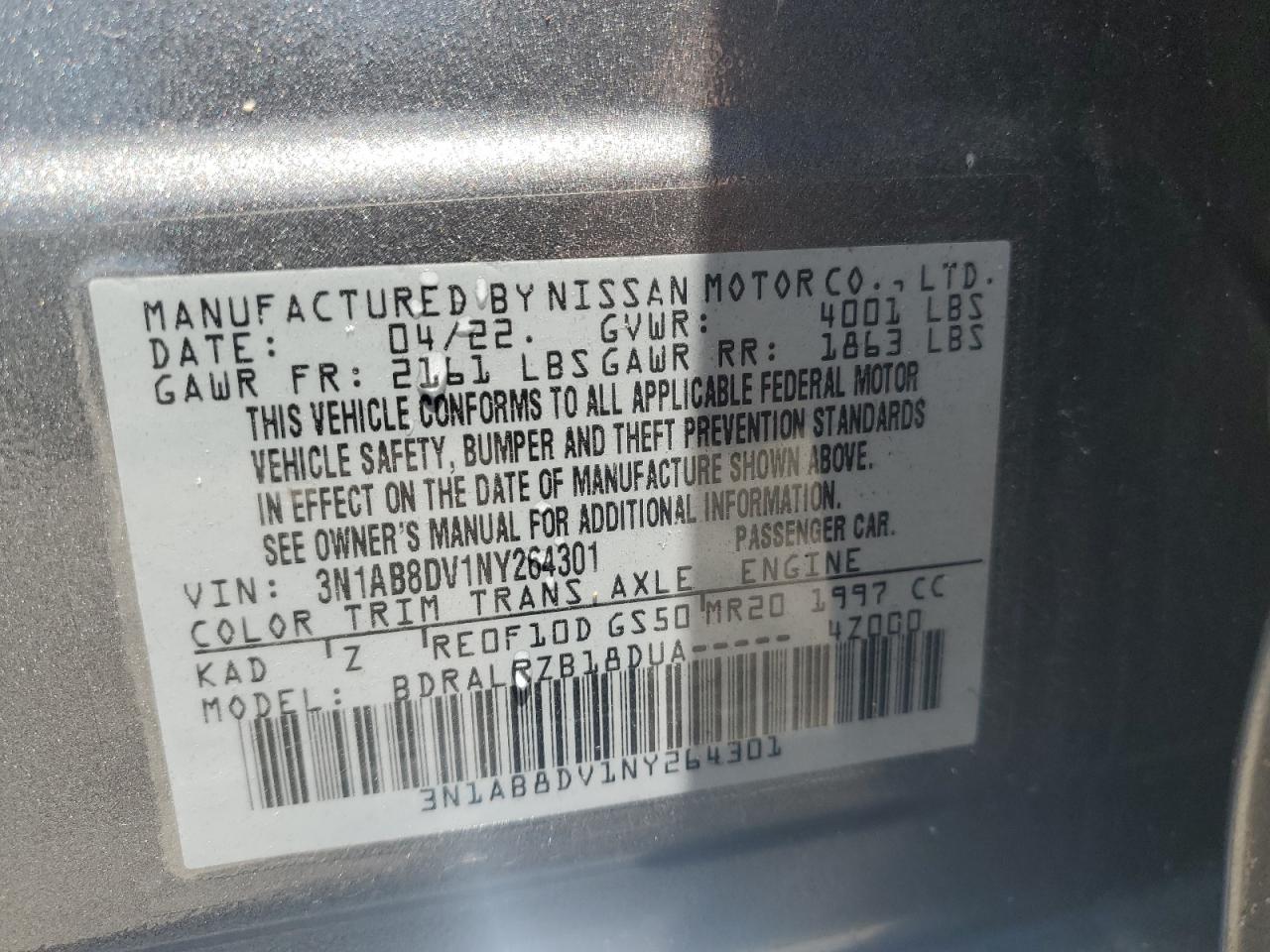 3N1AB8DV1NY264301 2022 Nissan Sentra Sr