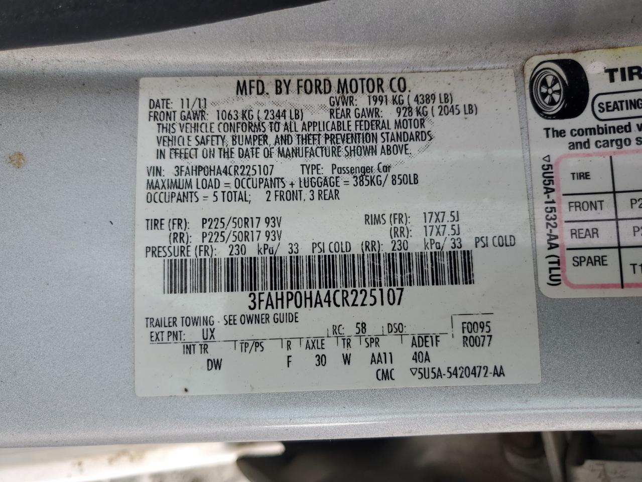 3FAHP0HA4CR225107 2012 Ford Fusion Se