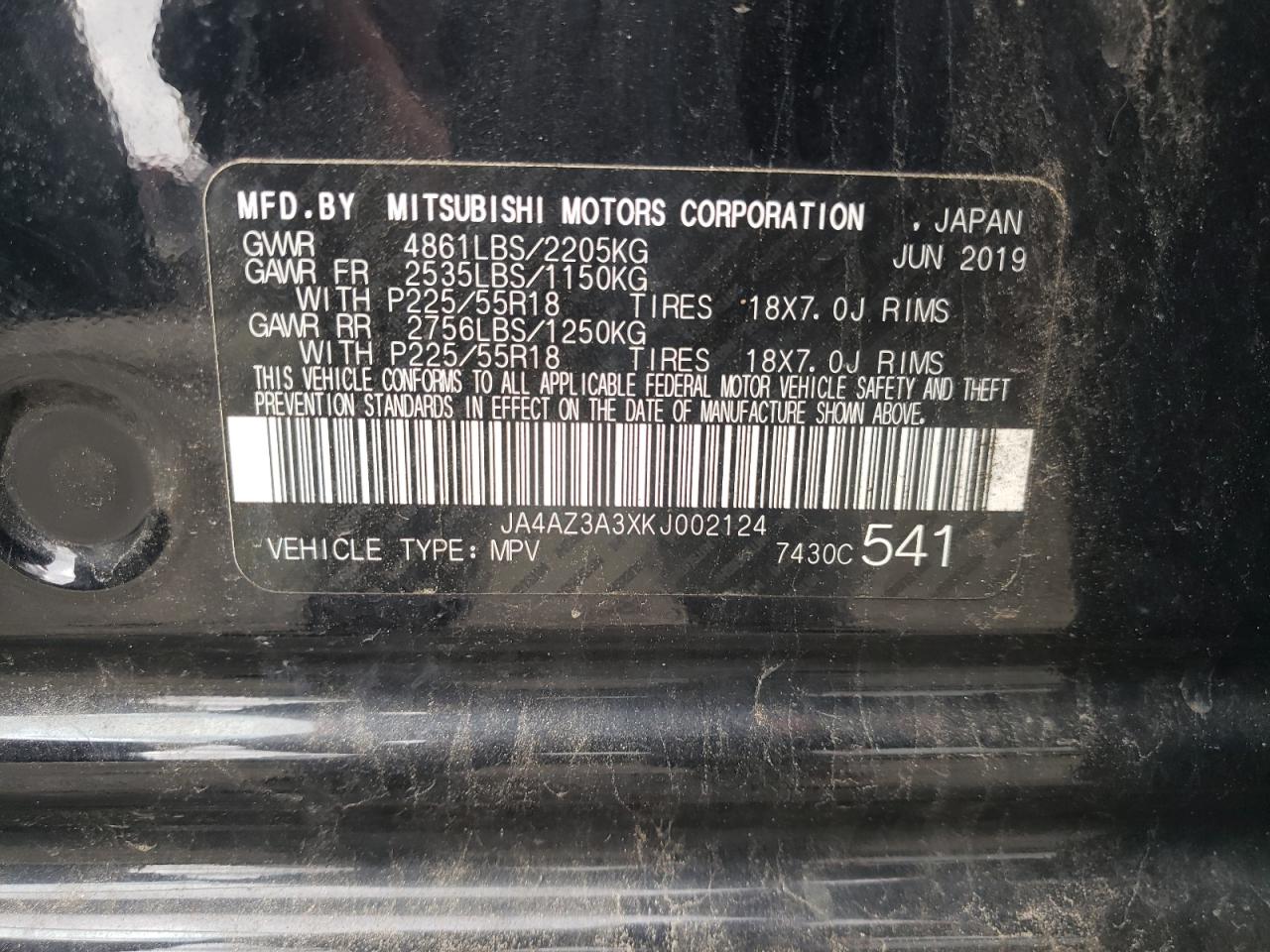 JA4AZ3A3XKJ002124 2019 Mitsubishi Outlander Se