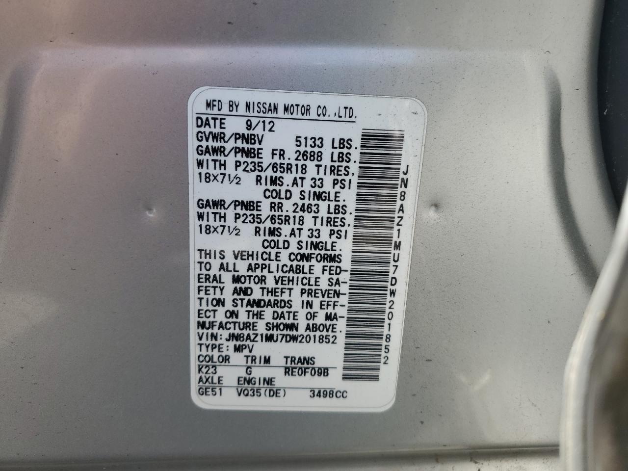 JN8AZ1MU7DW201852 2013 Nissan Murano S