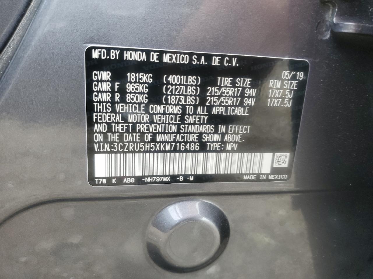 3CZRU5H5XKM716486 2019 Honda Hr-V Ex