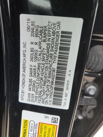 VIN 1HGCV2F99KA027387 2019 Honda Accord, Touring no.12