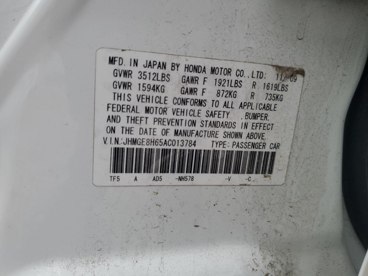 JHMGE8H65AC013784 2010 Honda Fit Sport