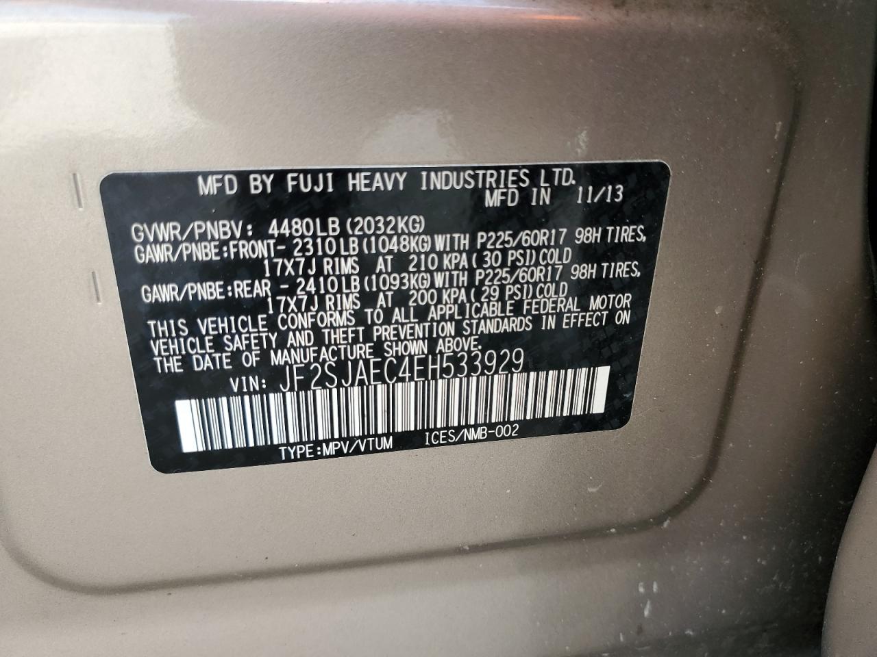 JF2SJAEC4EH533929 2014 Subaru Forester 2.5I Premium