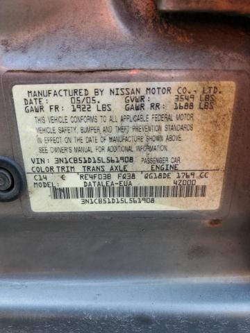 2005 Nissan Sentra 1.8 VIN: 3N1CB51D15L561908 Lot: 58208034