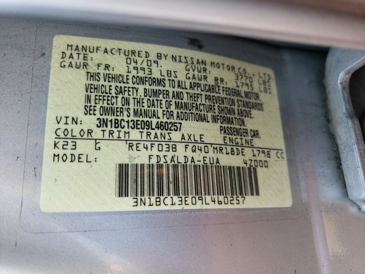 3N1BC13E09L460257 2009 Nissan Versa S