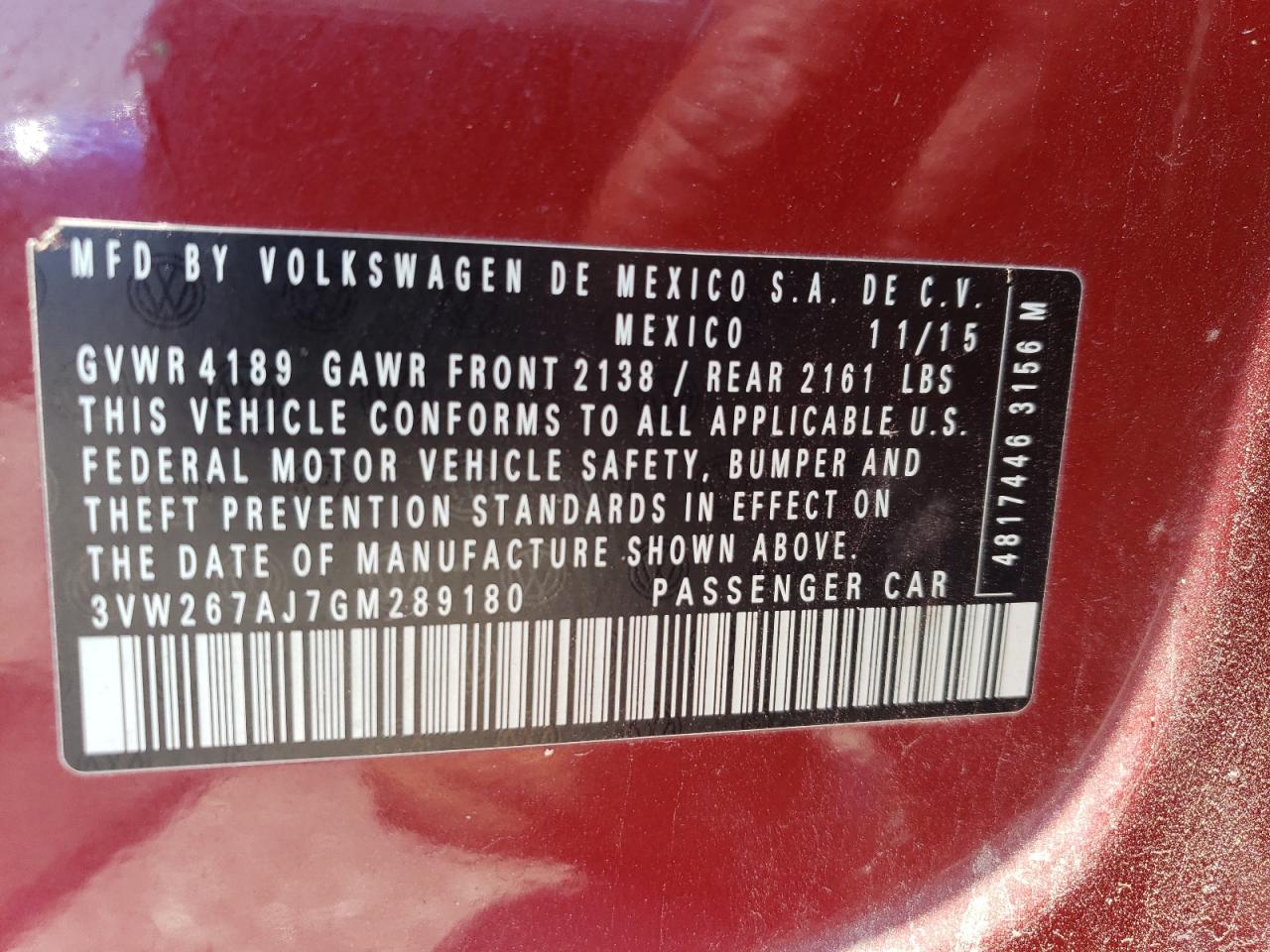 3VW267AJ7GM289180 2016 Volkswagen Jetta S