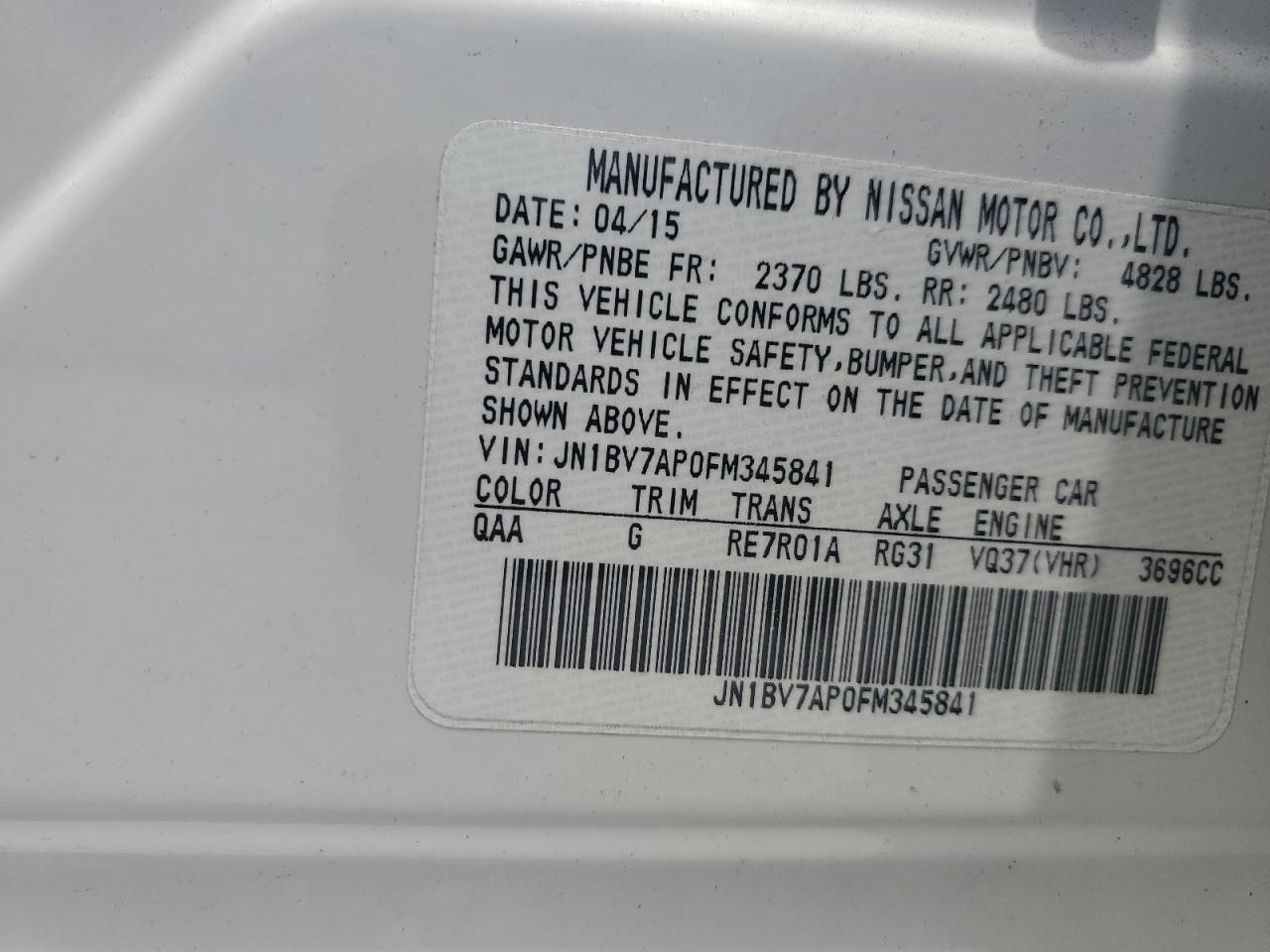 JN1BV7AP0FM345841 2015 Infiniti Q50 Base