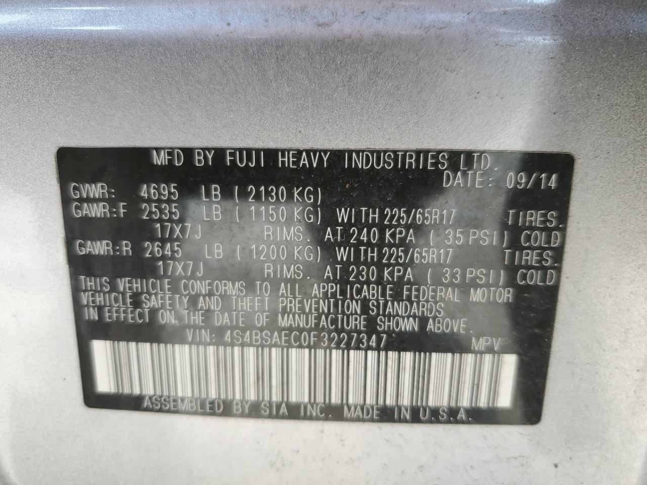 4S4BSAEC0F3227347 2015 Subaru Outback 2.5I Premium