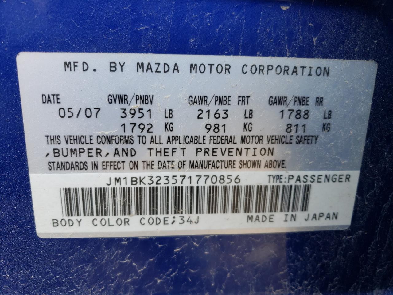 JM1BK323571770856 2007 Mazda 3 S