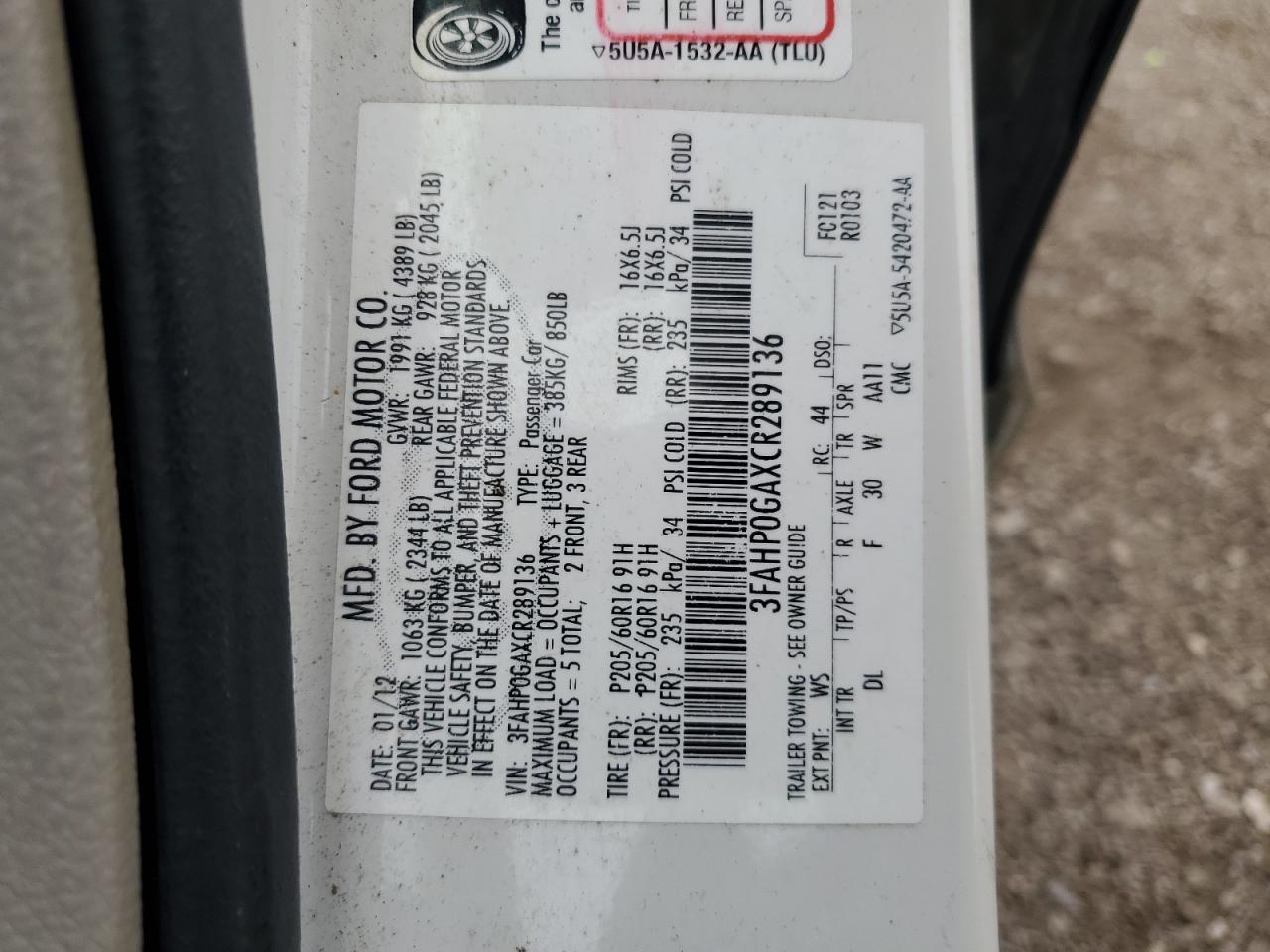 3FAHP0GAXCR289136 2012 Ford Fusion S