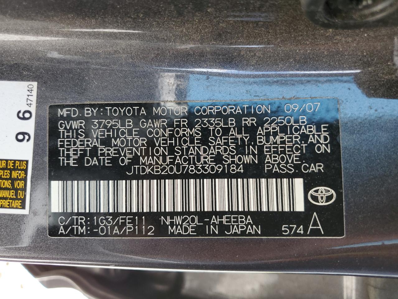 JTDKB20U783309184 2008 Toyota Prius