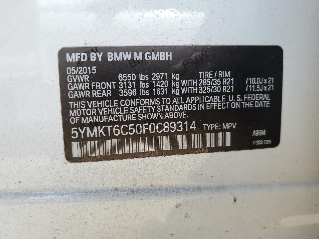 2015 BMW X5 M vin: 5YMKT6C50F0C89314