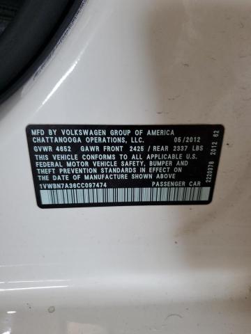 2012 Volkswagen Passat Se VIN: 1VWBN7A36CC097474 Lot: 60297894