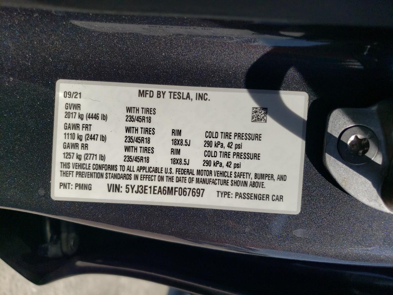 5YJ3E1EA6MF067697 2021 Tesla Model 3