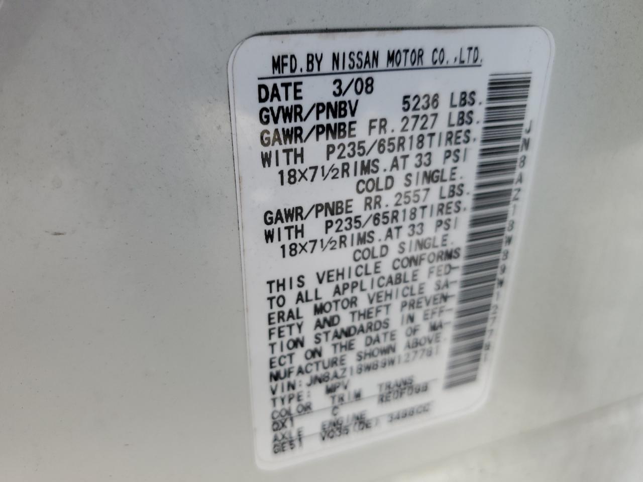 JN8AZ18W89W127781 2009 Nissan Murano S