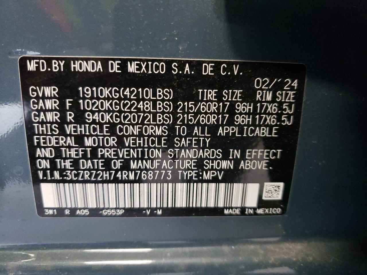 3CZRZ2H74RM768773 2024 Honda Hr-V Exl