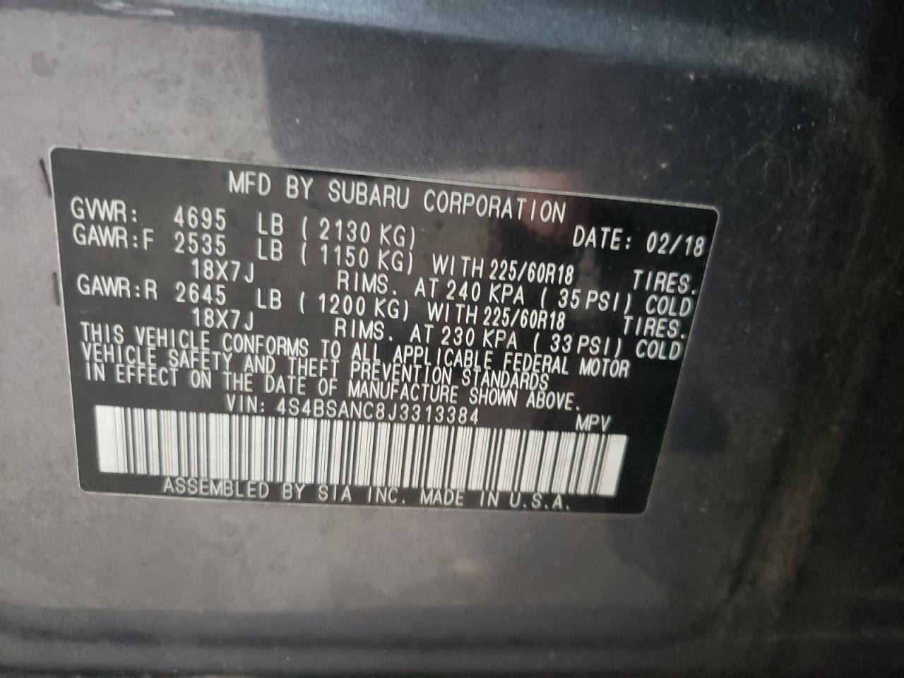 4S4BSANC8J3313384 2018 Subaru Outback 2.5I Limited