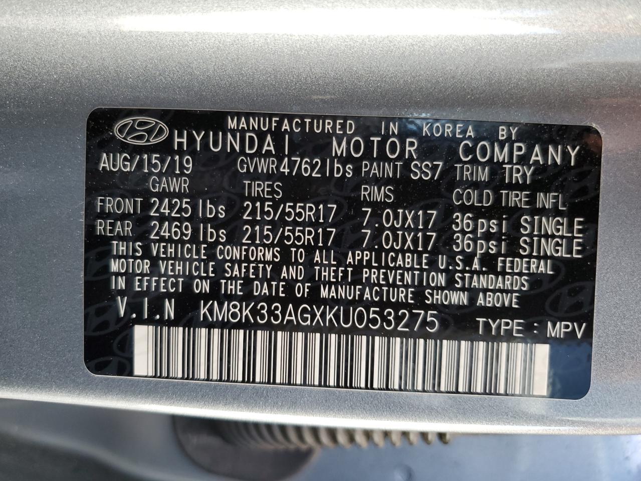 KM8K33AGXKU053275 2019 Hyundai Kona Limited