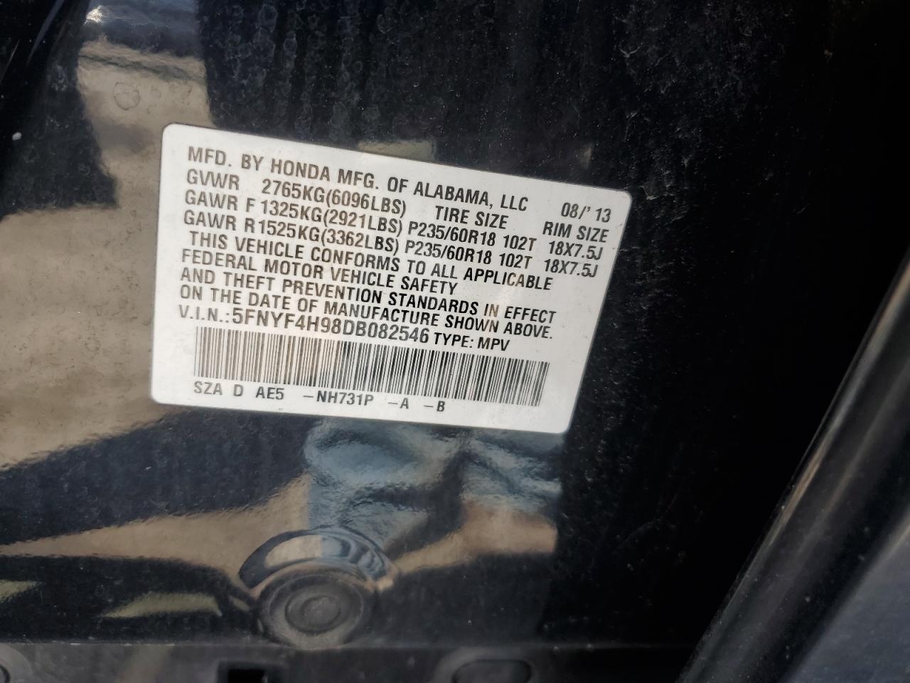 5FNYF4H98DB082546 2013 Honda Pilot Touring