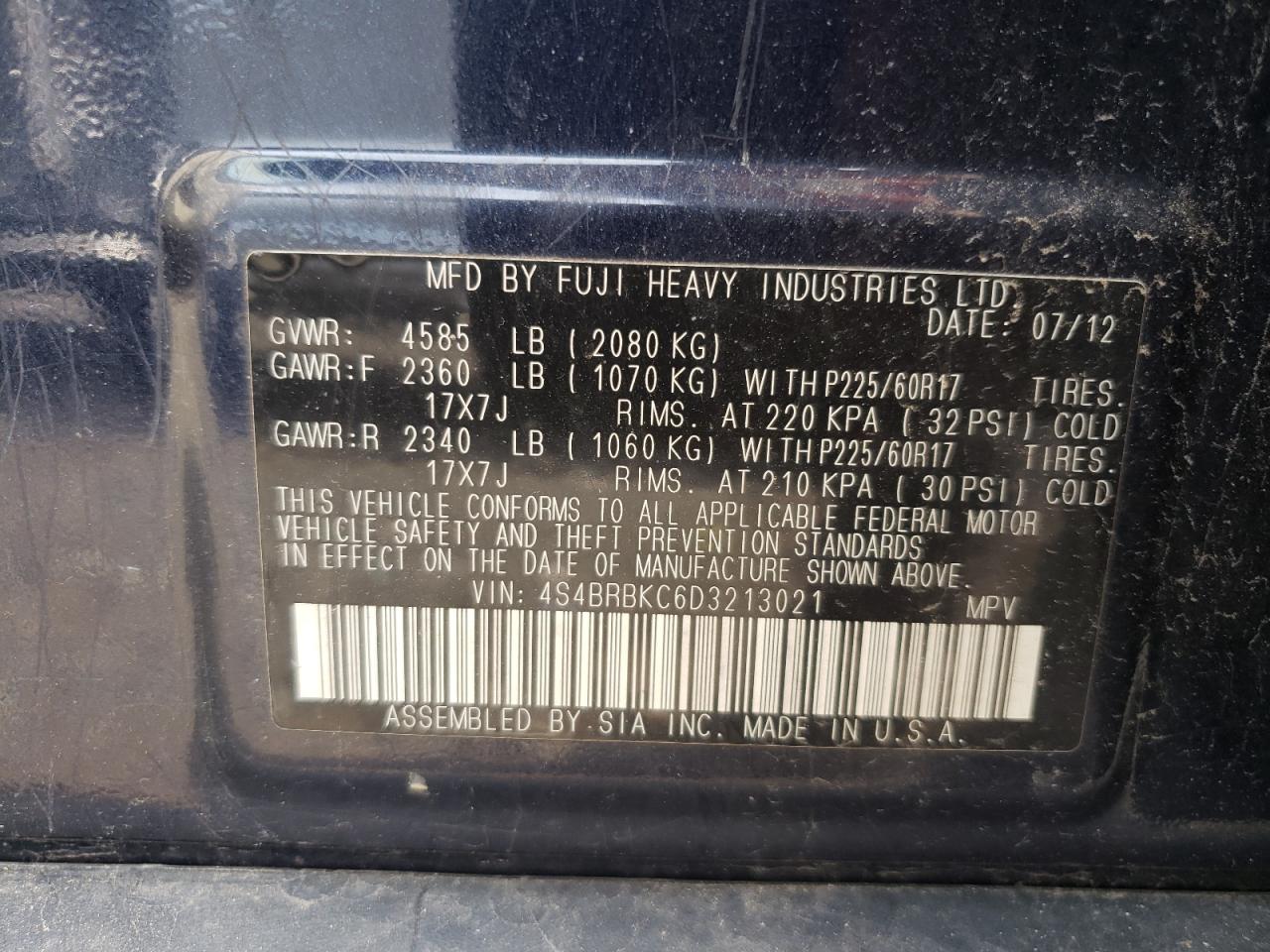 4S4BRBKC6D3213021 2013 Subaru Outback 2.5I Limited