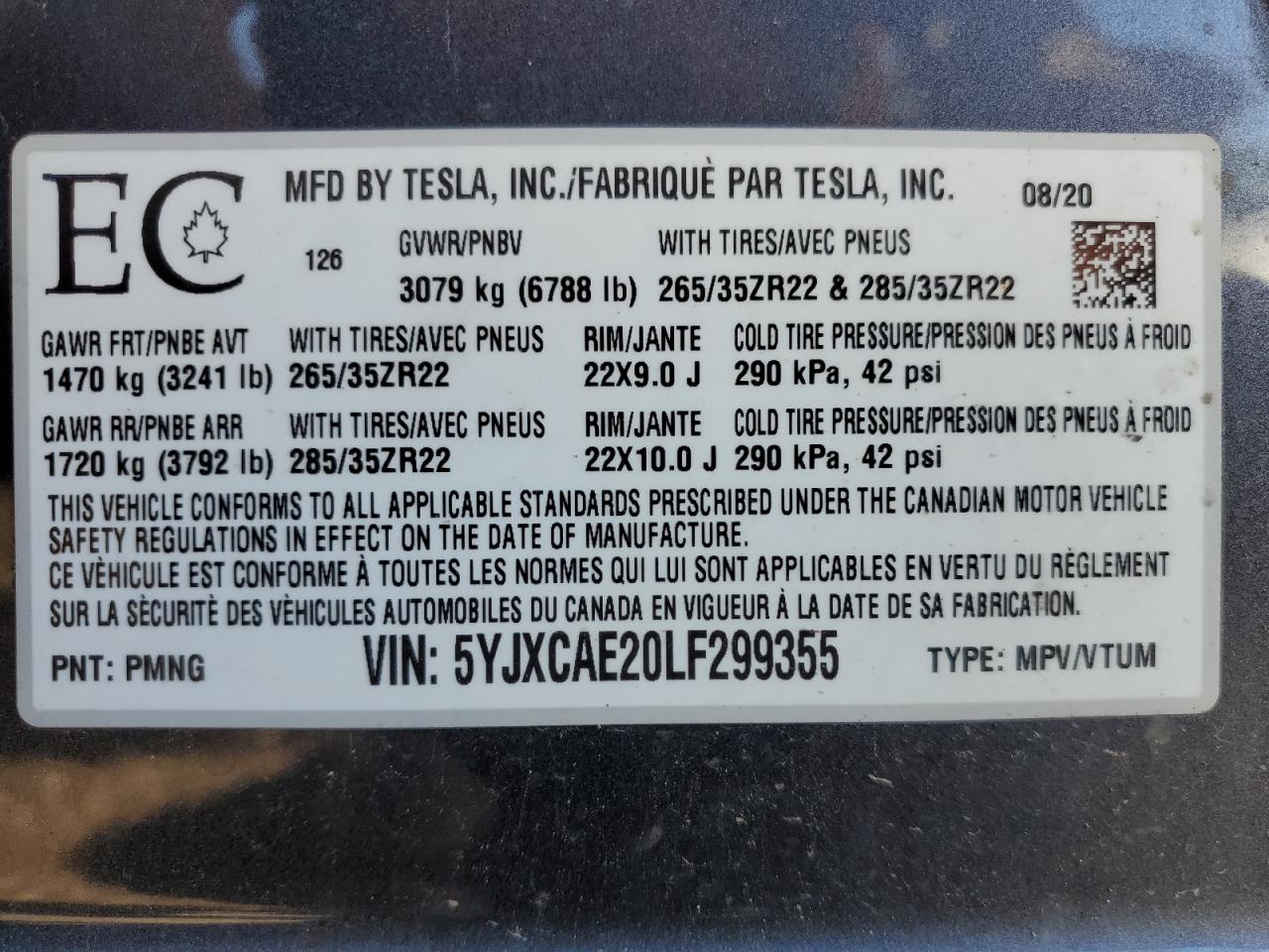 5YJXCAE20LF299355 2020 Tesla Model X