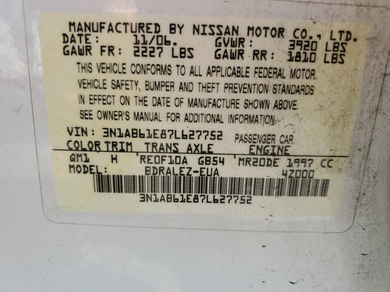 3N1AB61E87L627752 2007 Nissan Sentra 2.0