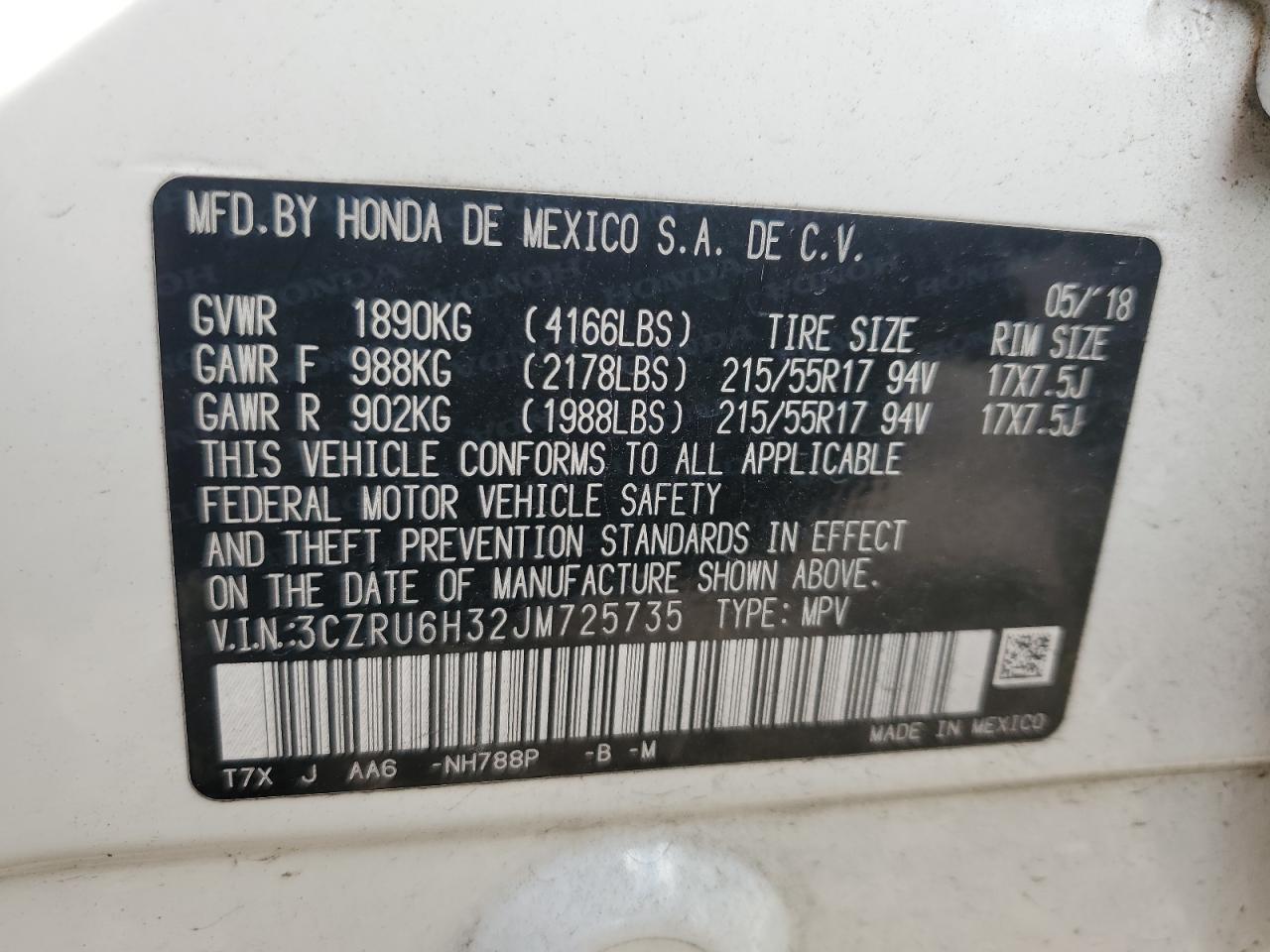 3CZRU6H32JM725735 2018 Honda Hr-V Lx