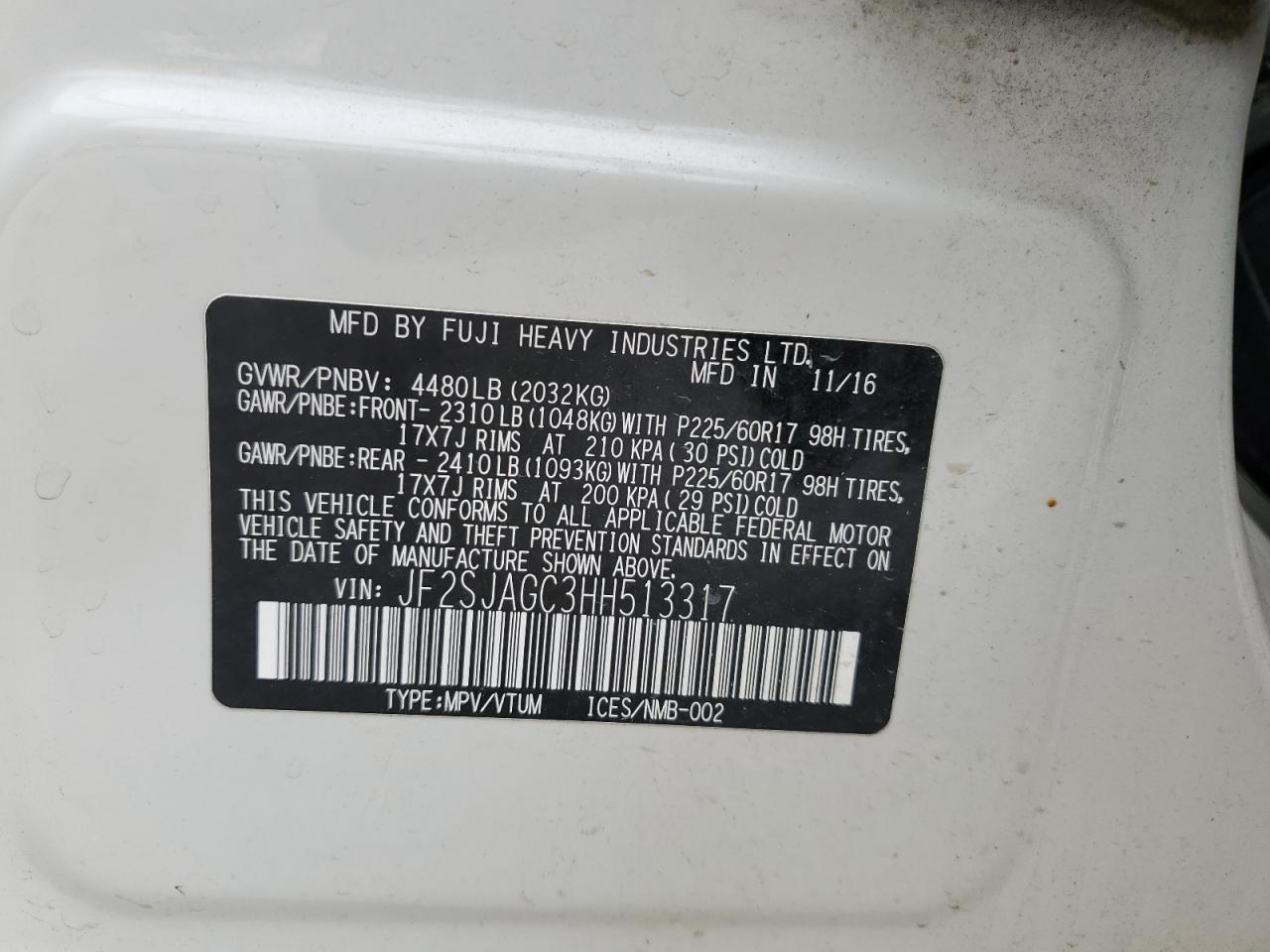 JF2SJAGC3HH513317 2017 Subaru Forester 2.5I Premium