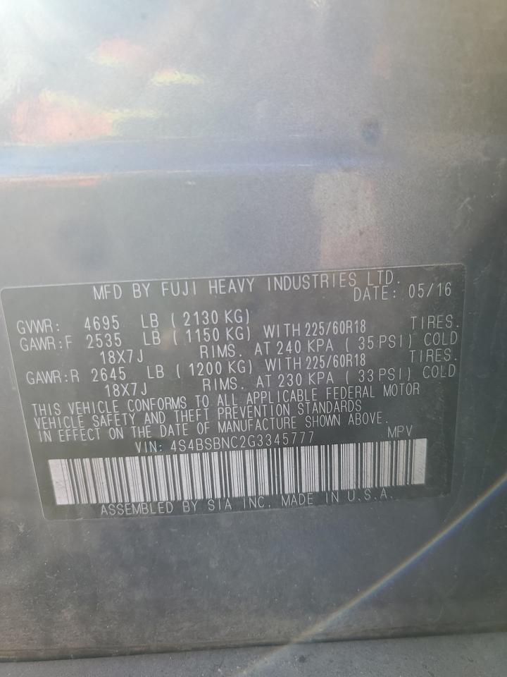 4S4BSBNC2G3345777 2016 Subaru Outback 2.5I Limited