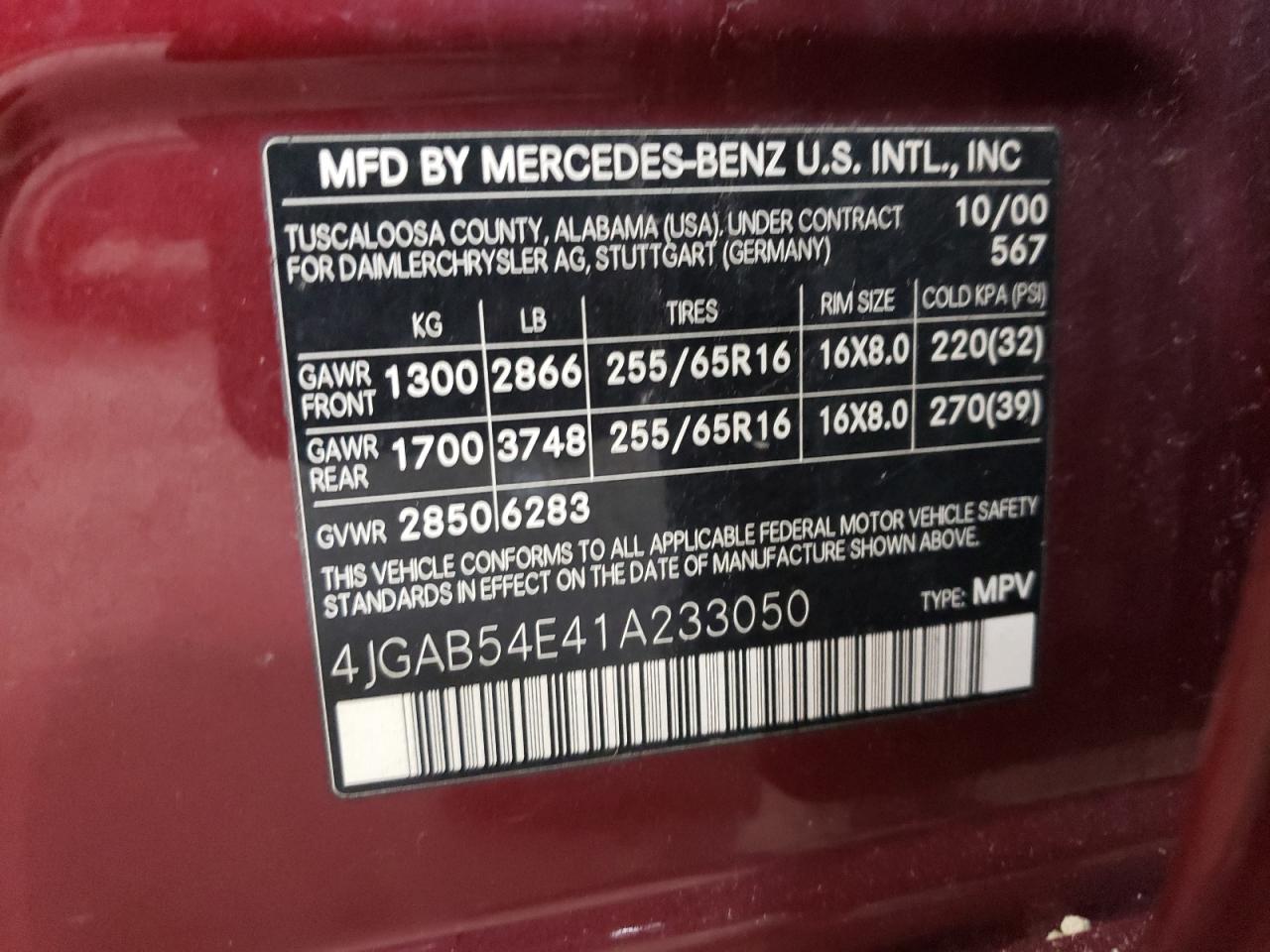 4JGAB54E41A233050 2001 Mercedes-Benz Ml 320
