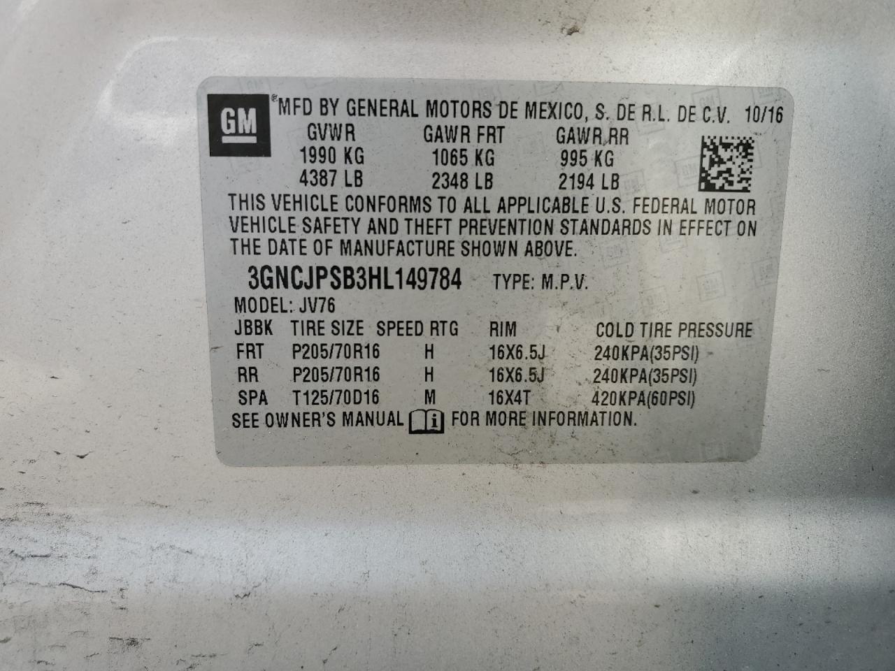 3GNCJPSB3HL149784 2017 Chevrolet Trax 1Lt