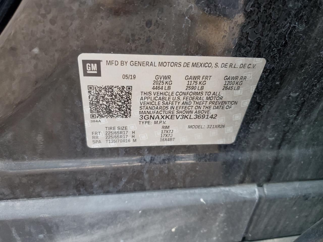 3GNAXKEV3KL369142 2019 Chevrolet Equinox Lt