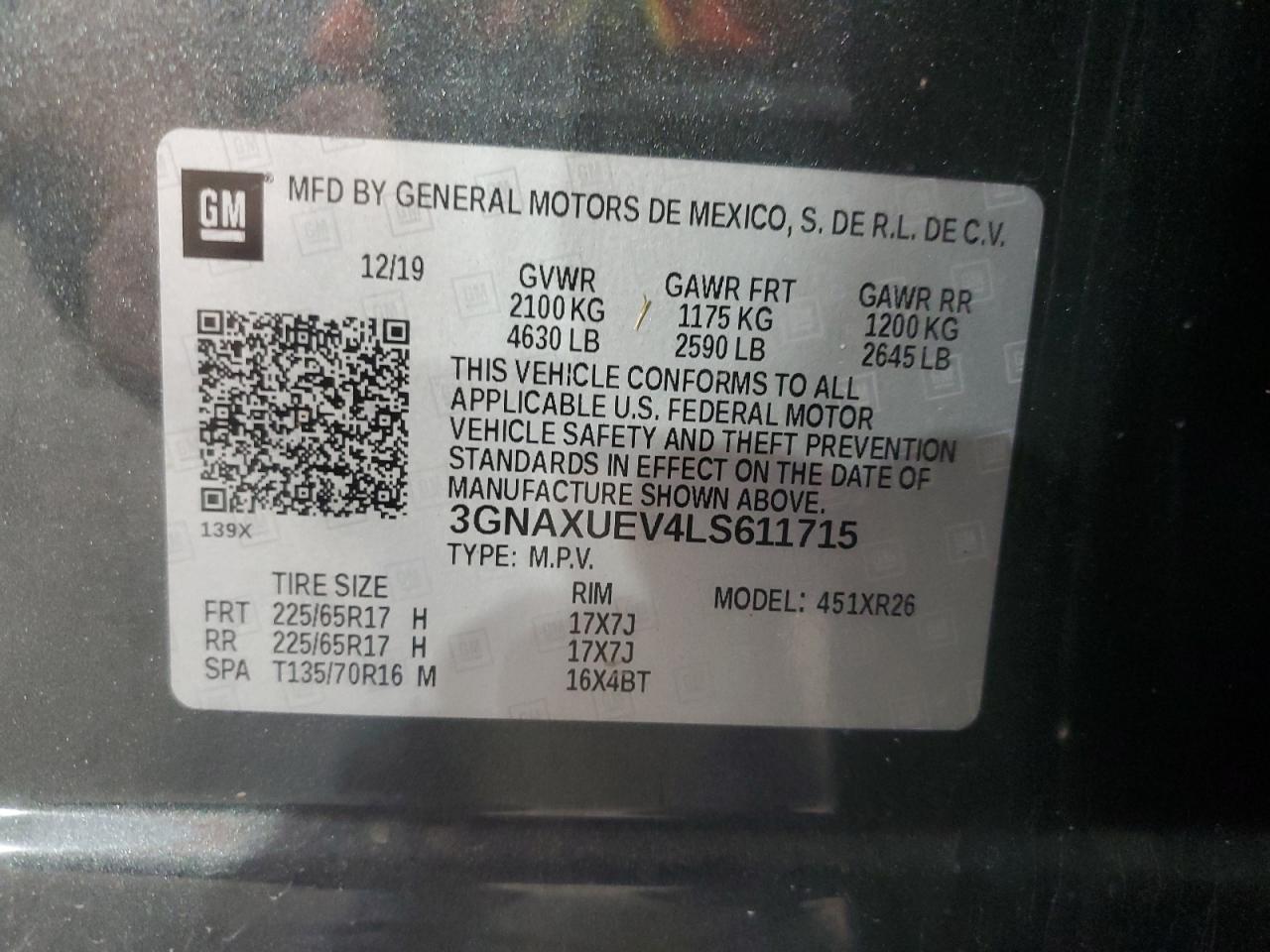 3GNAXUEV4LS611715 2020 Chevrolet Equinox Lt