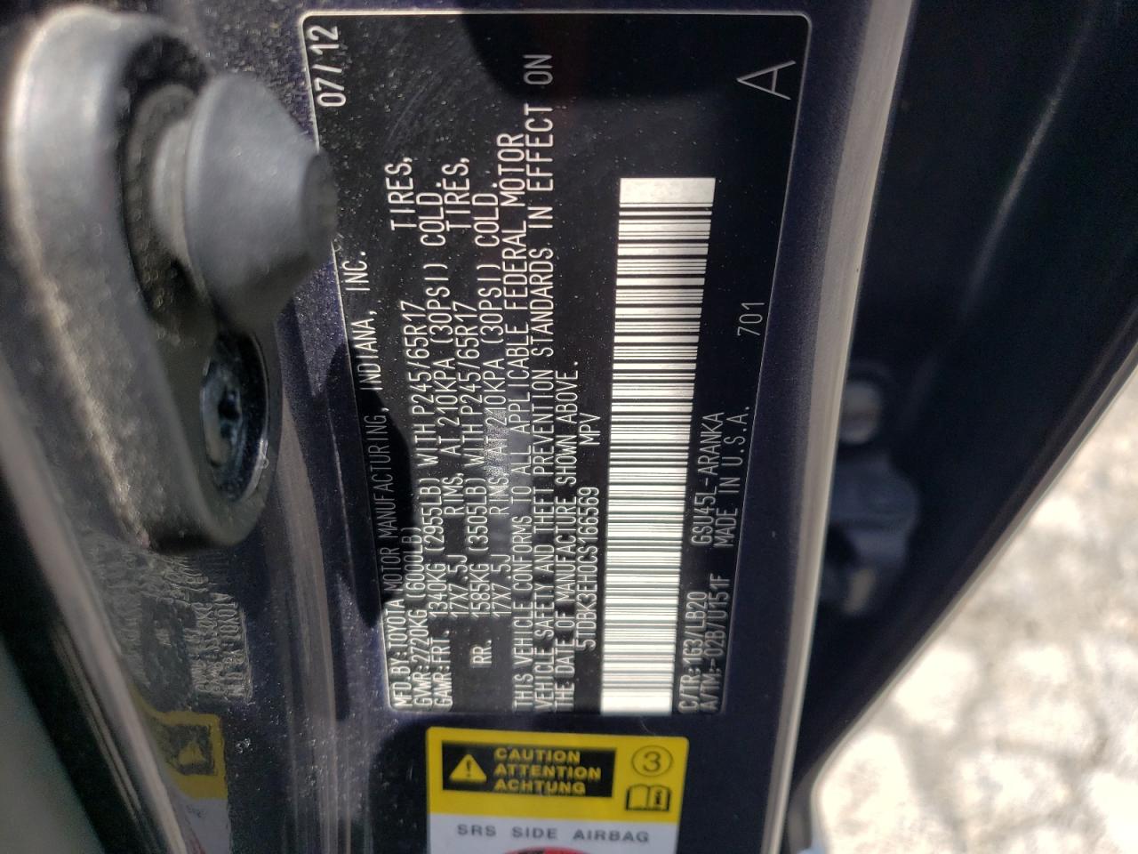 5TDBK3EH0CS166569 2012 Toyota Highlander Base