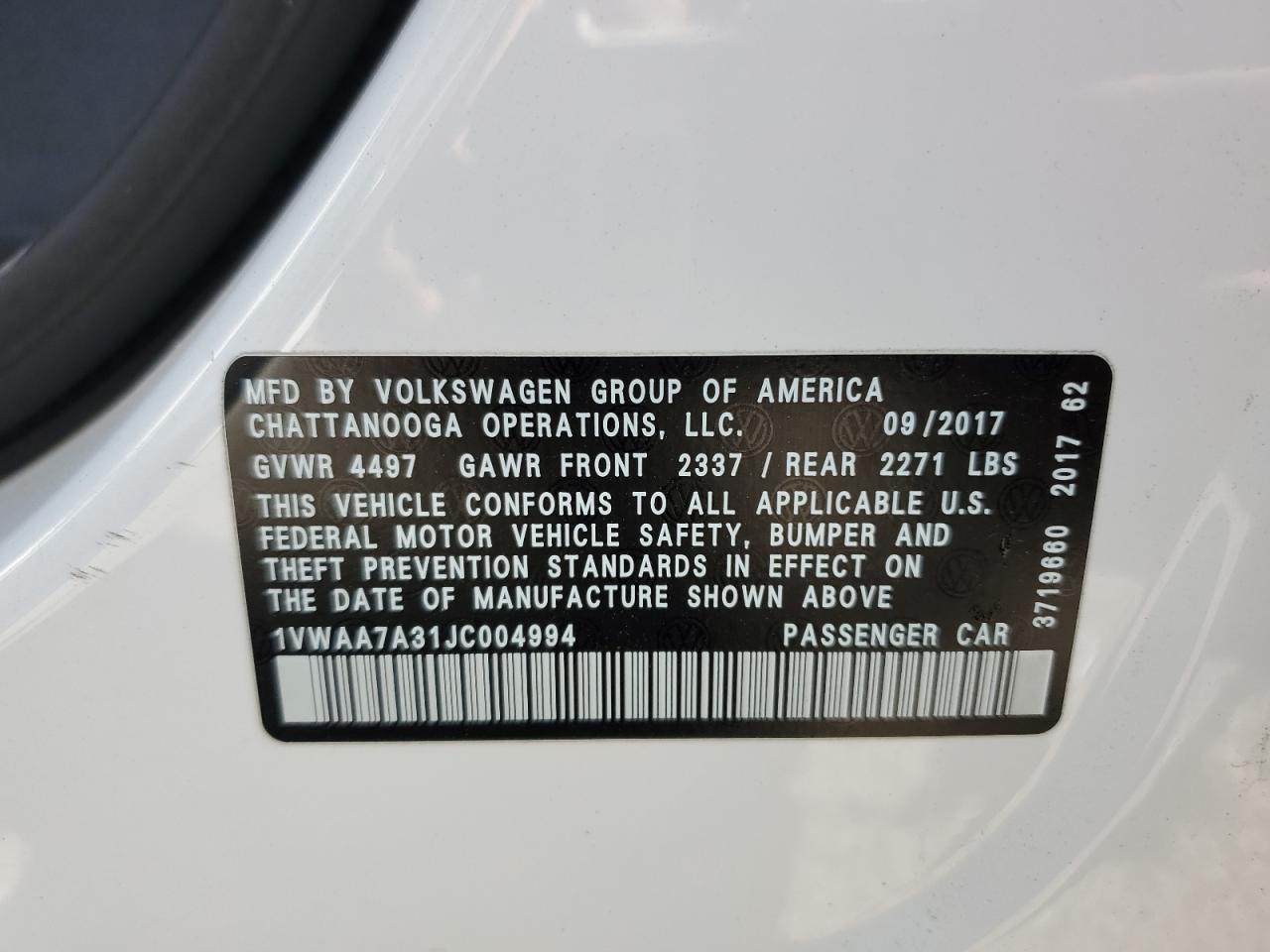 2018 Volkswagen Passat S vin: 1VWAA7A31JC004994