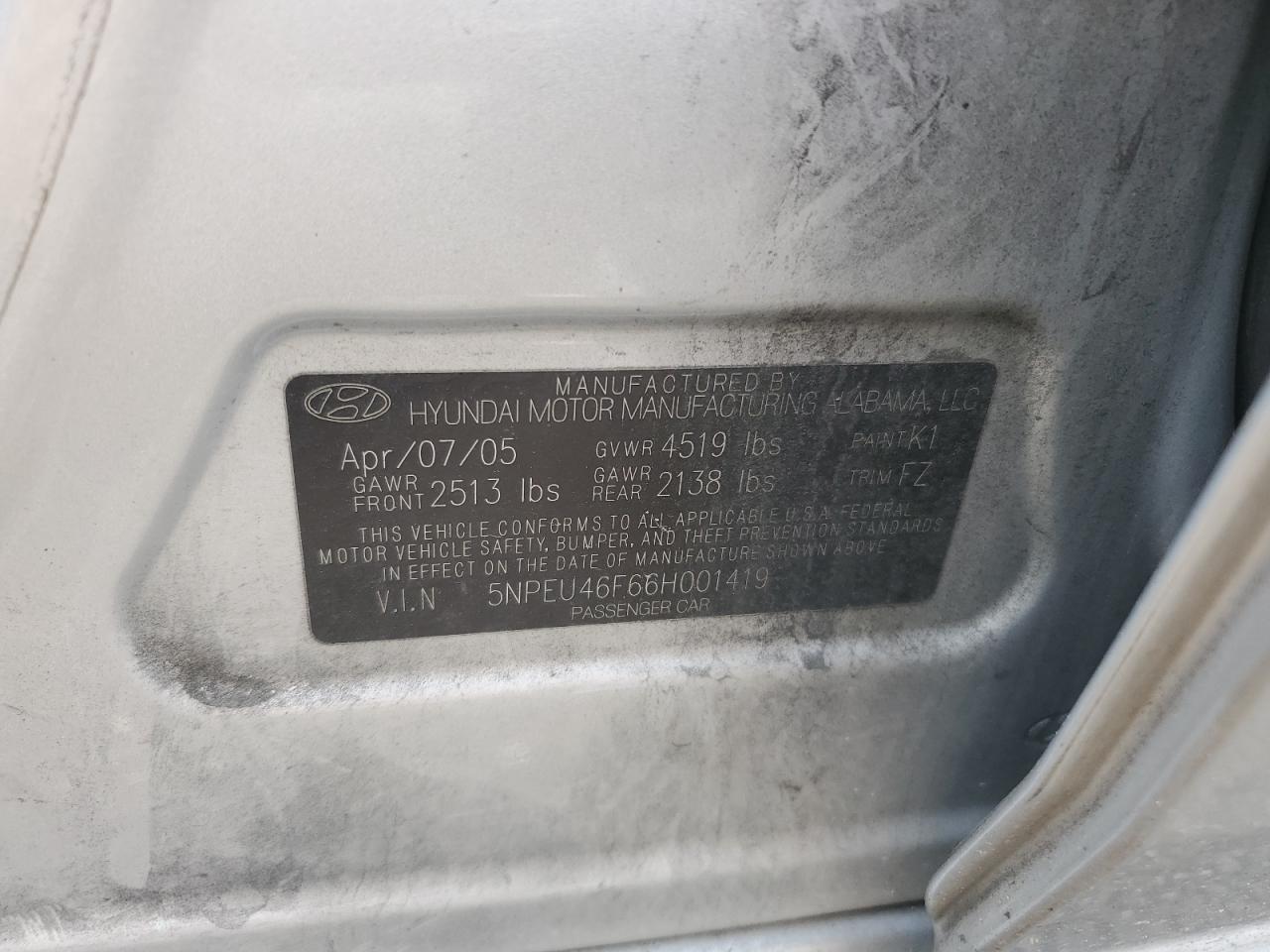 5NPEU46F66H001419 2006 Hyundai Sonata Gls