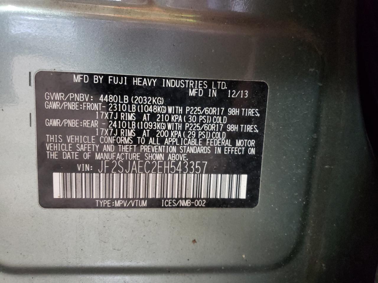 JF2SJAEC2EH543357 2014 Subaru Forester 2.5I Premium