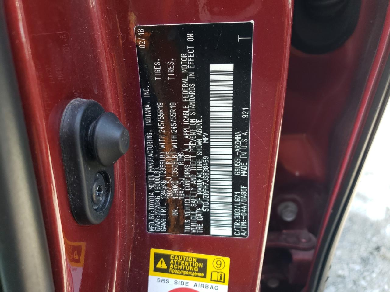 5TDJZRFH7JS838469 2018 Toyota Highlander Se