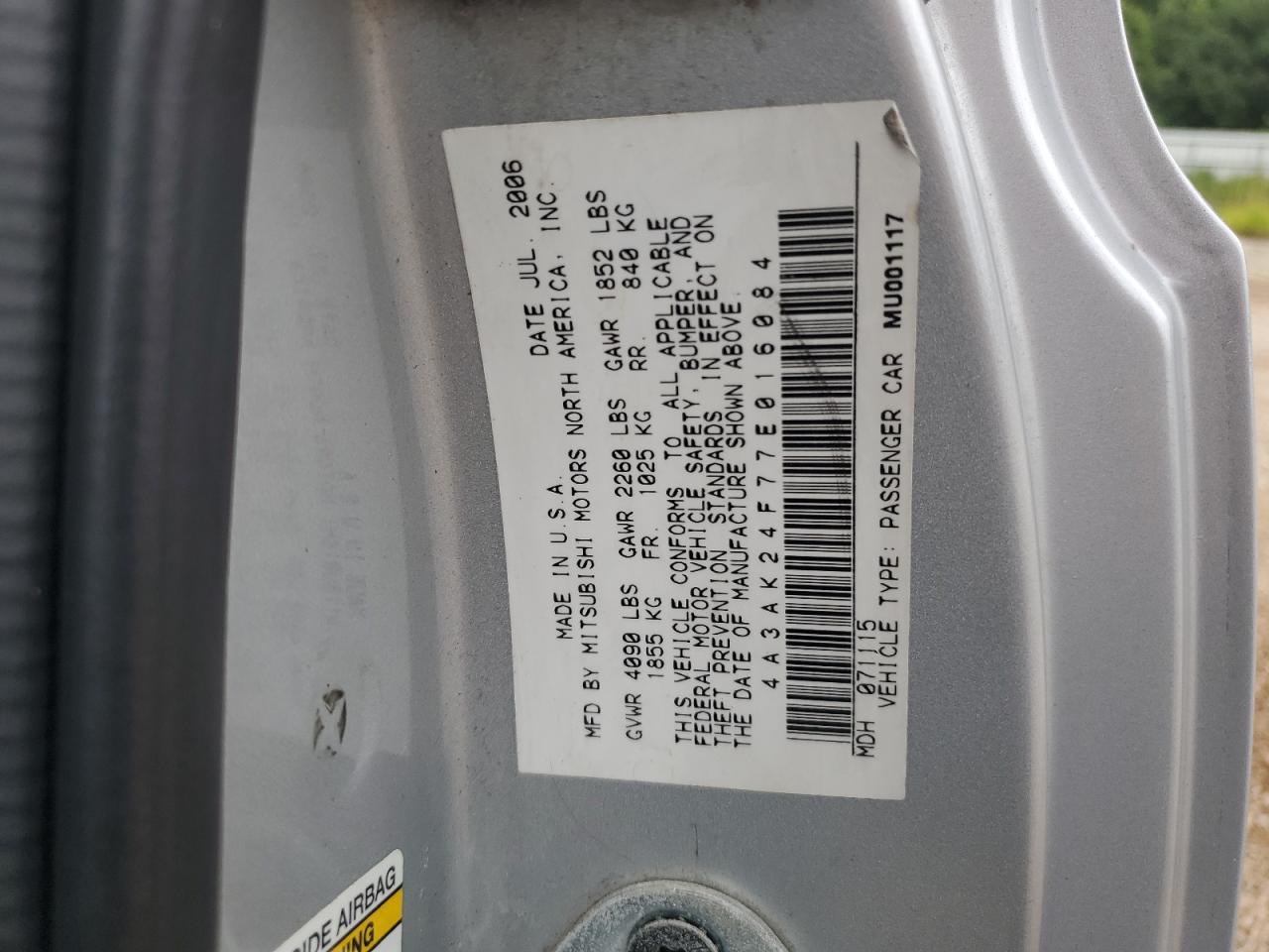 4A3AK24F77E016084 2007 Mitsubishi Eclipse Gs