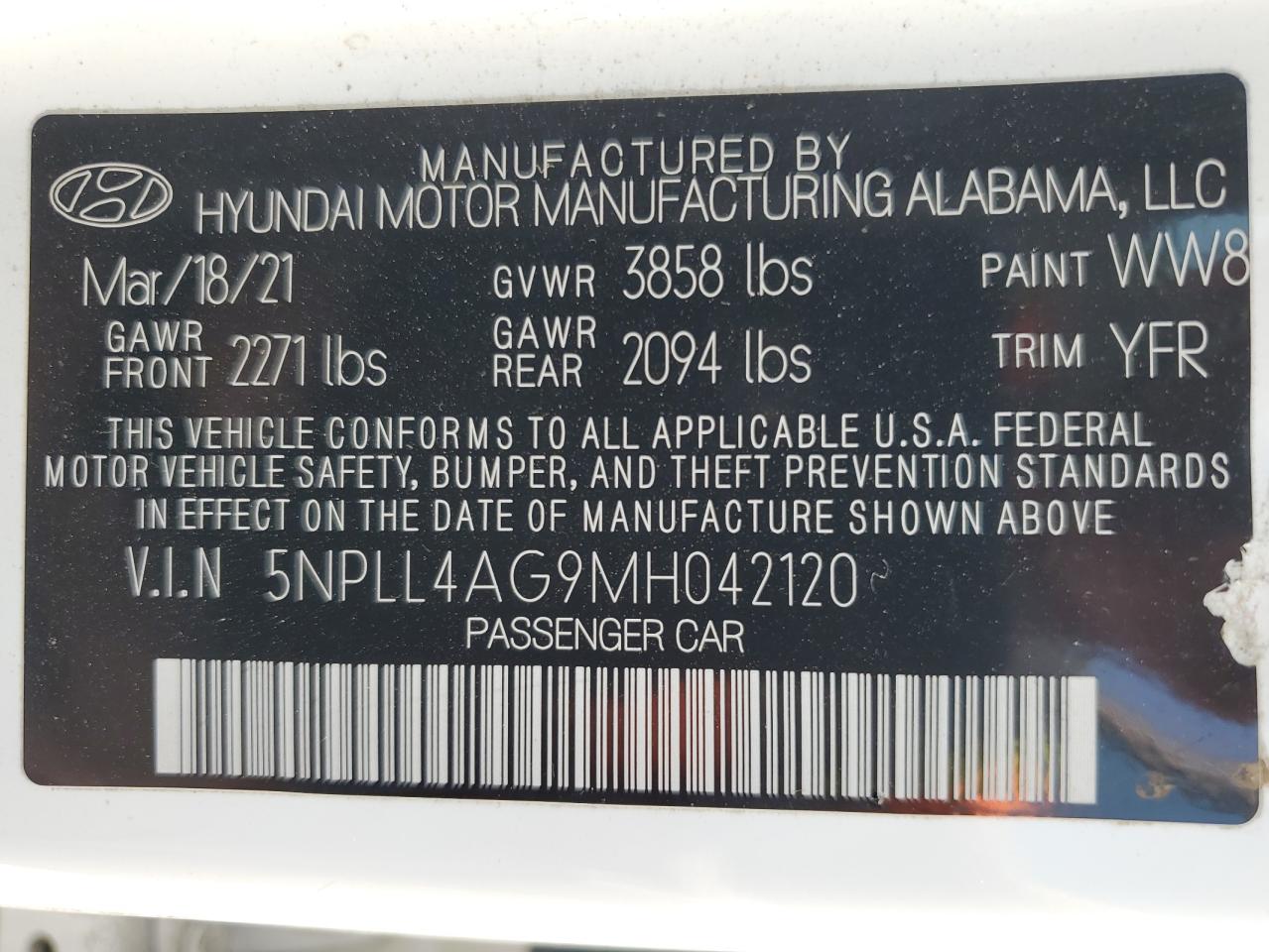 5NPLL4AG9MH042120 2021 Hyundai Elantra Se