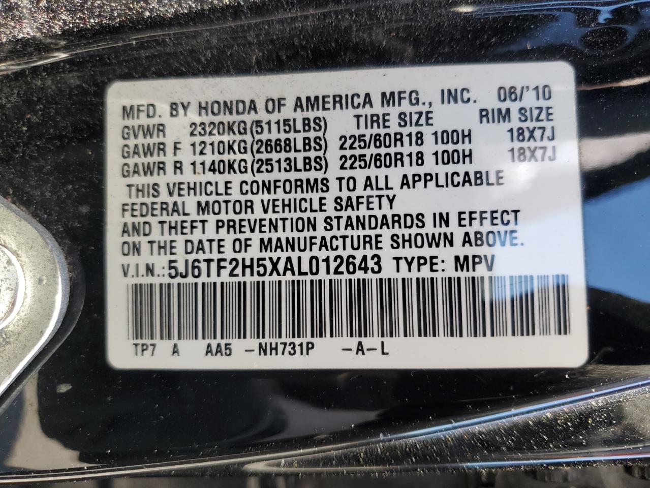5J6TF2H5XAL012643 2010 Honda Accord Crosstour Exl