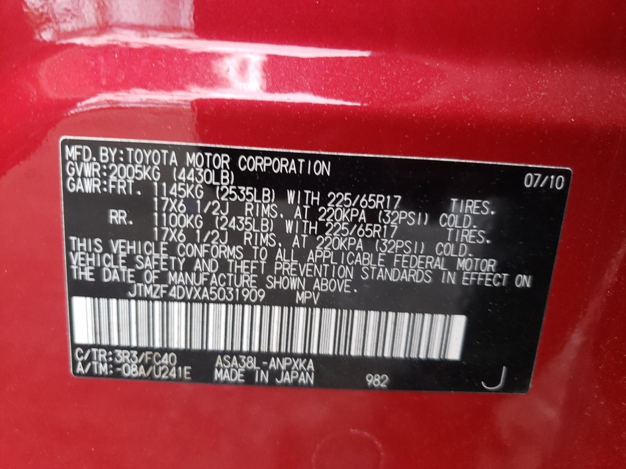 JTMZF4DVXA5031909 2010 Toyota Rav4