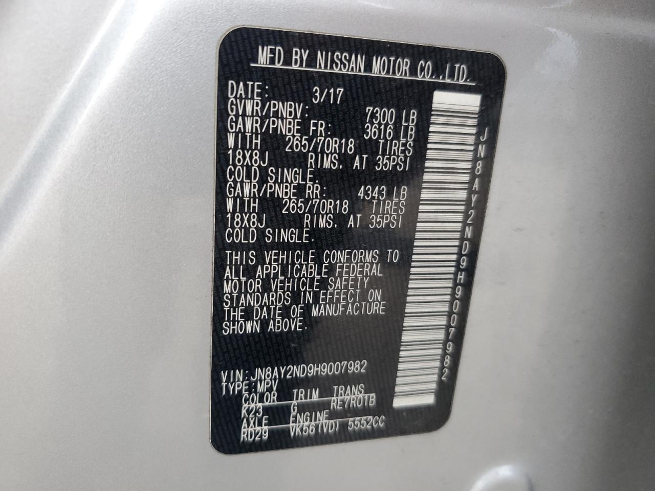 JN8AY2ND9H9007982 2017 Nissan Armada Sv