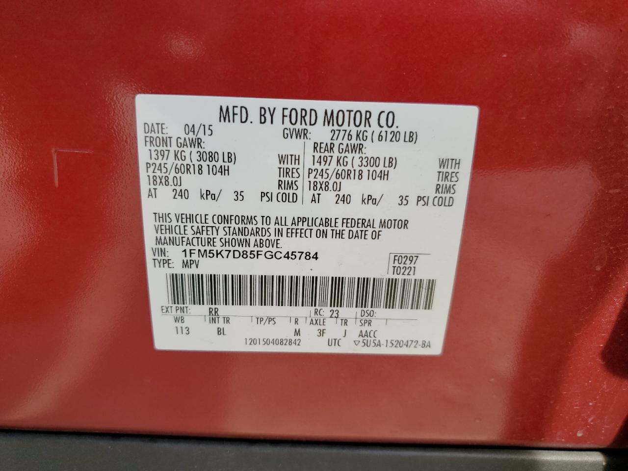 1FM5K7D85FGC45784 2015 Ford Explorer Xlt